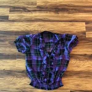 Purple and Black Plaid Ruffle Blouse